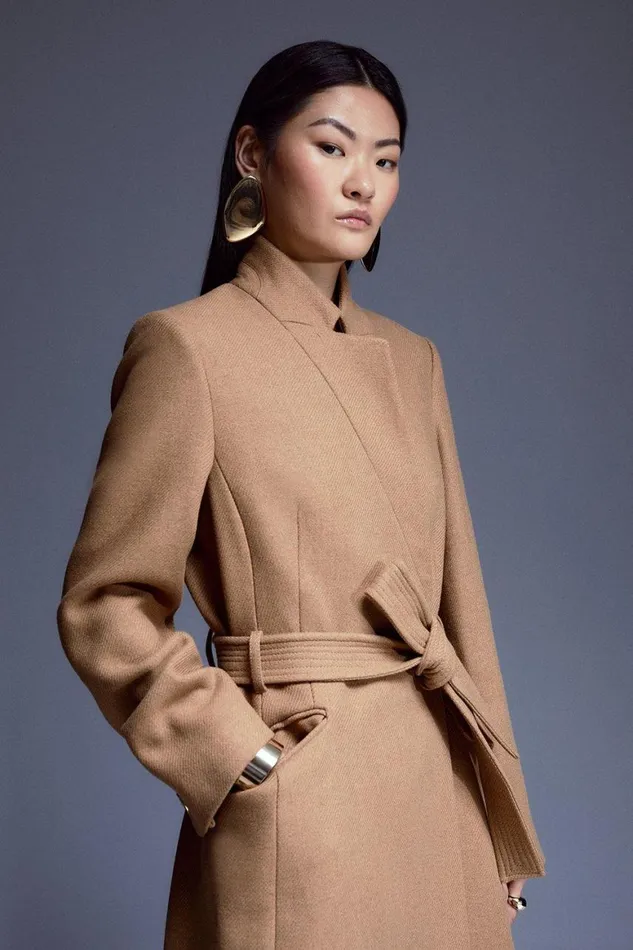 Coats and Jackets Women Karen Millen Italian Manteco Wool Forever Notch Neck Midi Coat Camel