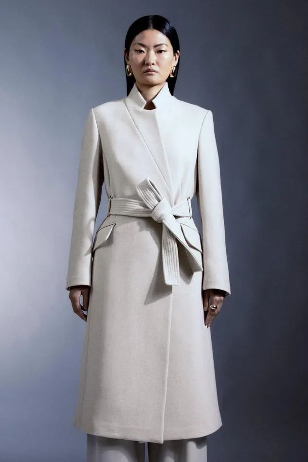 Coats and Jackets Women Karen Millen Italian Manteco Wool Forever Notch Neck Midi Coat Oatmeal