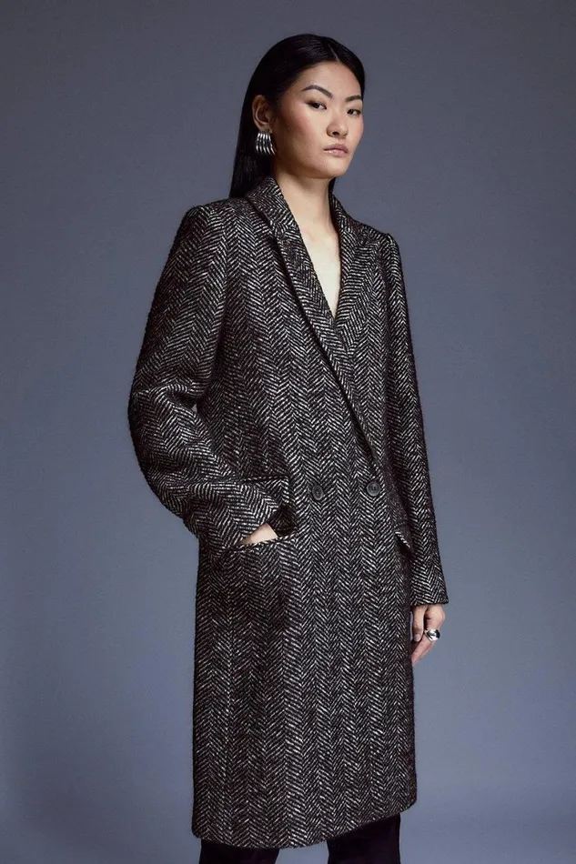 Coats and Jackets Women Karen Millen Italian Manteco Wool Herringbone Pu Collar Coat Black Coats and Jackets Women Karen Millen Italian Manteco Wool Herringbone Pu Collar Coat Black