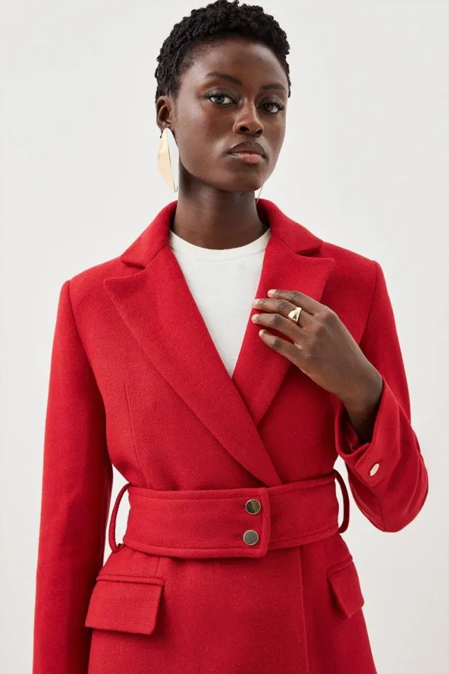 Coats and Jackets Women Karen Millen Italian Manteco Wool Mix Button Detail Belted Midi Coat Red