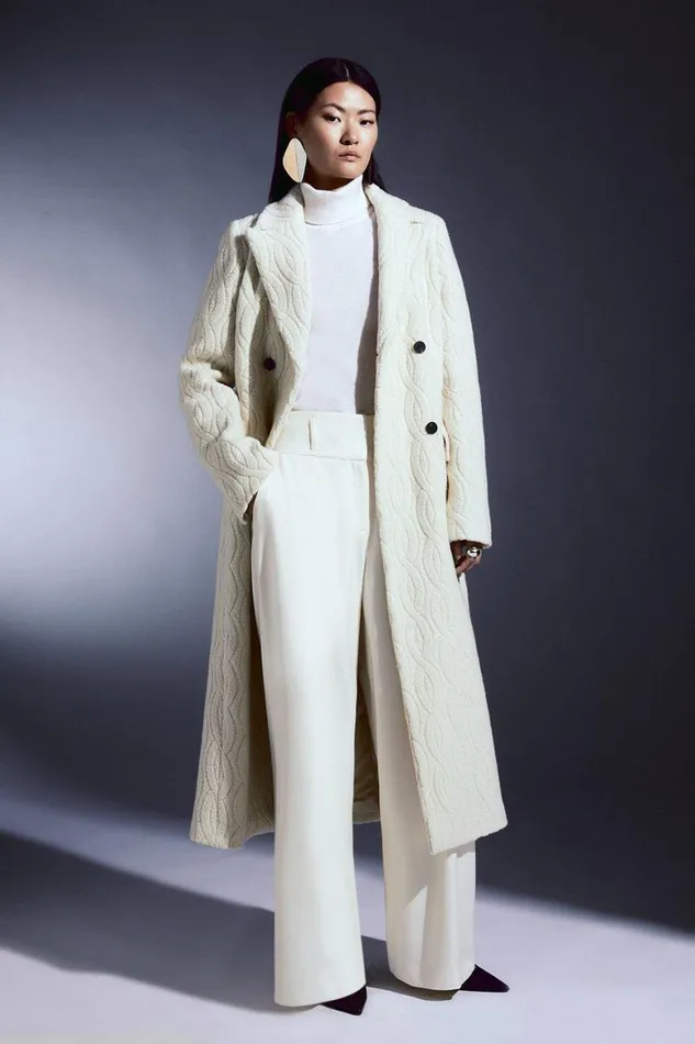 Coats and Jackets Women Karen Millen Italian Manteco Wool Relaxed Cable Double Breasted Midi Coat Ivory Coats and Jackets Women Karen Millen Italian Manteco Wool Relaxed Cable Double Breasted Midi Coat Ivory