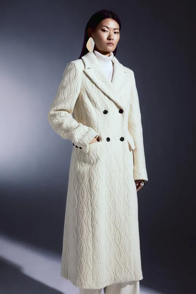 Coats and Jackets Women Karen Millen Italian Manteco Wool Relaxed Cable Double Breasted Midi Coat Ivory