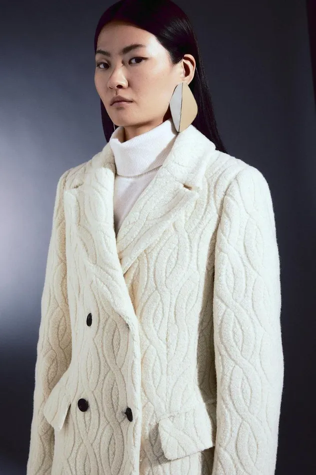 Coats and Jackets Women Karen Millen Italian Manteco Wool Relaxed Cable Double Breasted Midi Coat Ivory