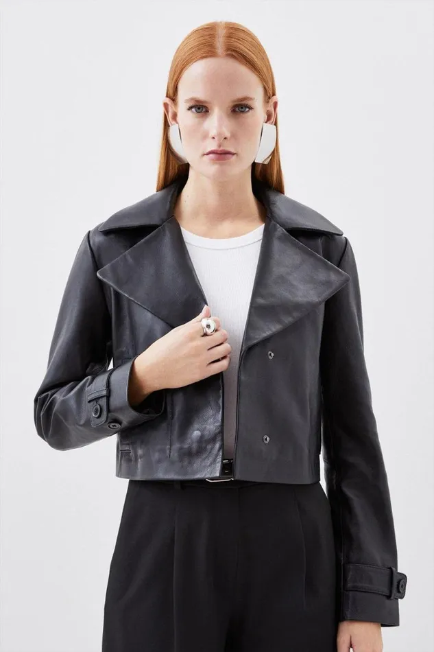 Coats and Jackets Women Karen Millen Leather Crop Trench Jacket Black