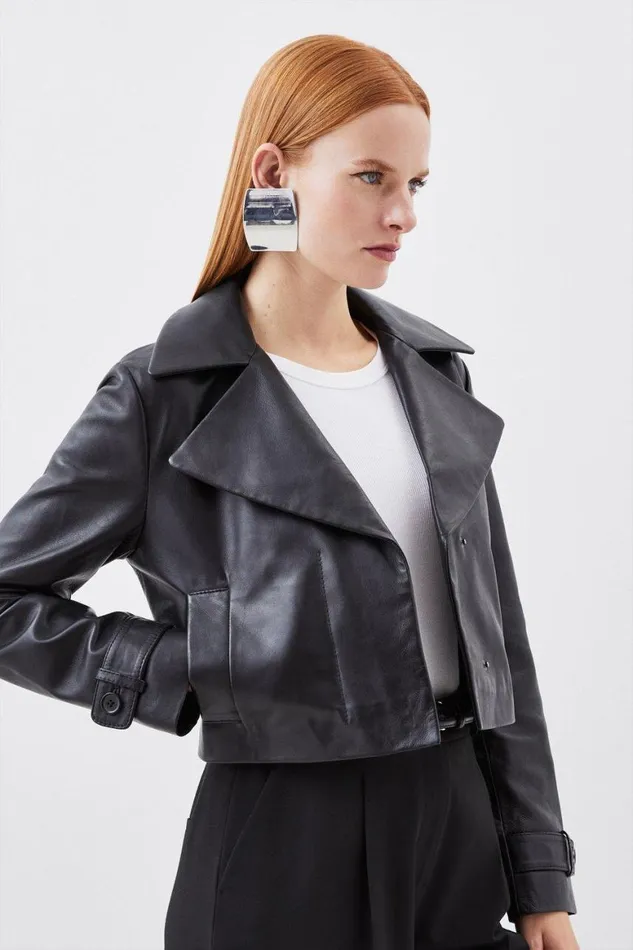 Coats and Jackets Women Karen Millen Leather Crop Trench Jacket Black