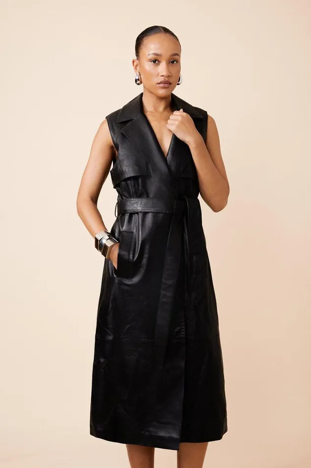 Coats and Jackets Women Karen Millen Leather Sleeveless Belted Storm Flap Detail Trench Coat Black