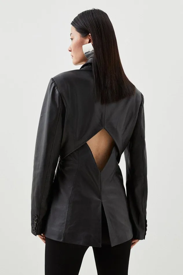 Coats and Jackets Women Karen Millen Leather Tailored Open Back Blazer Black