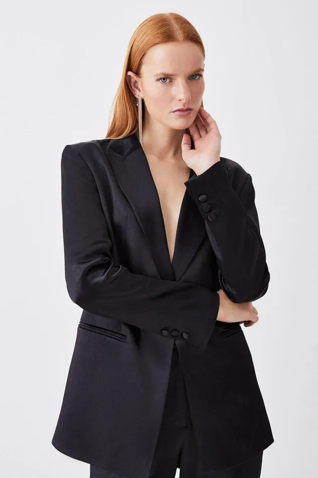 Coats and Jackets Women Karen Millen Luxe Satin Single Breasted Blazer Black