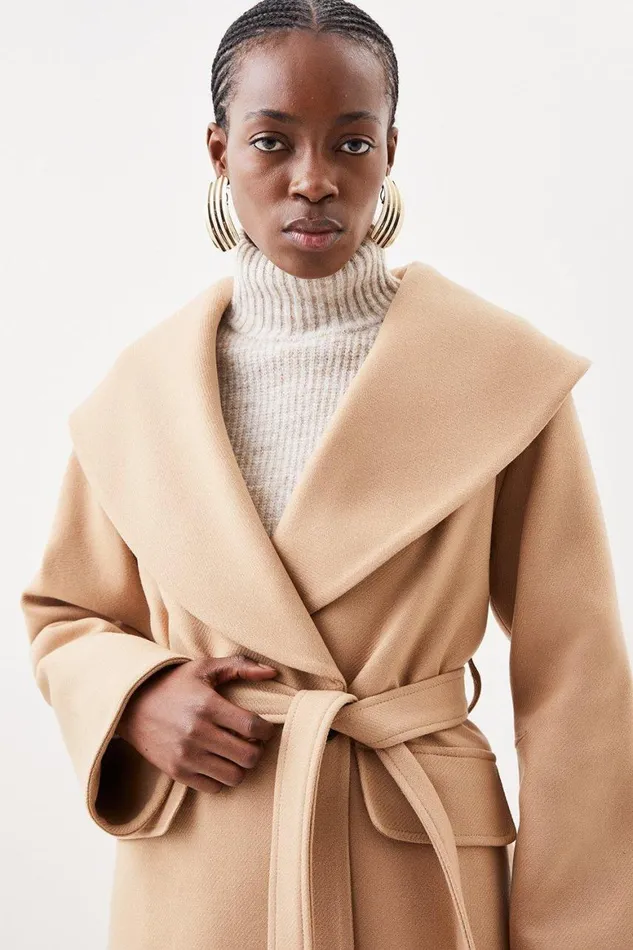 Coats and Jackets Women Karen Millen Petite Italian Manteco Wool Oversize Collar Belted Coat Camel