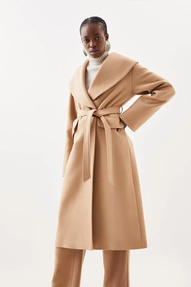 Coats and Jackets Women Karen Millen Petite Italian Manteco Wool Oversize Collar Belted Coat Camel