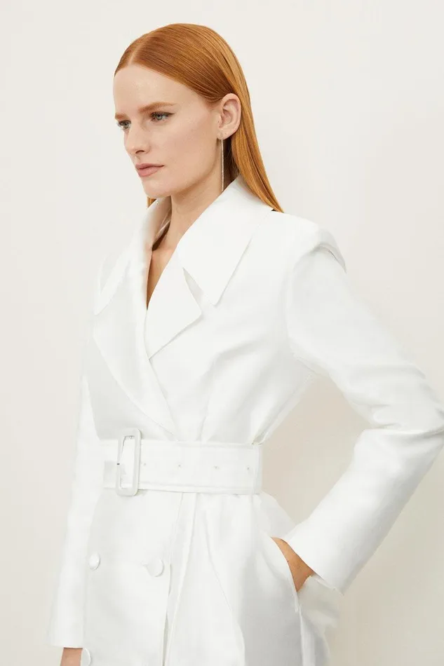 Coats and Jackets Women Karen Millen Petite Satin Twill Tailored Full Skirted Belted Midaxi Dress Ivory