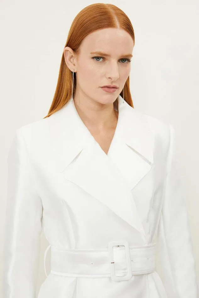 Coats and Jackets Women Karen Millen Petite Satin Twill Tailored Full Skirted Belted Midaxi Dress Ivory