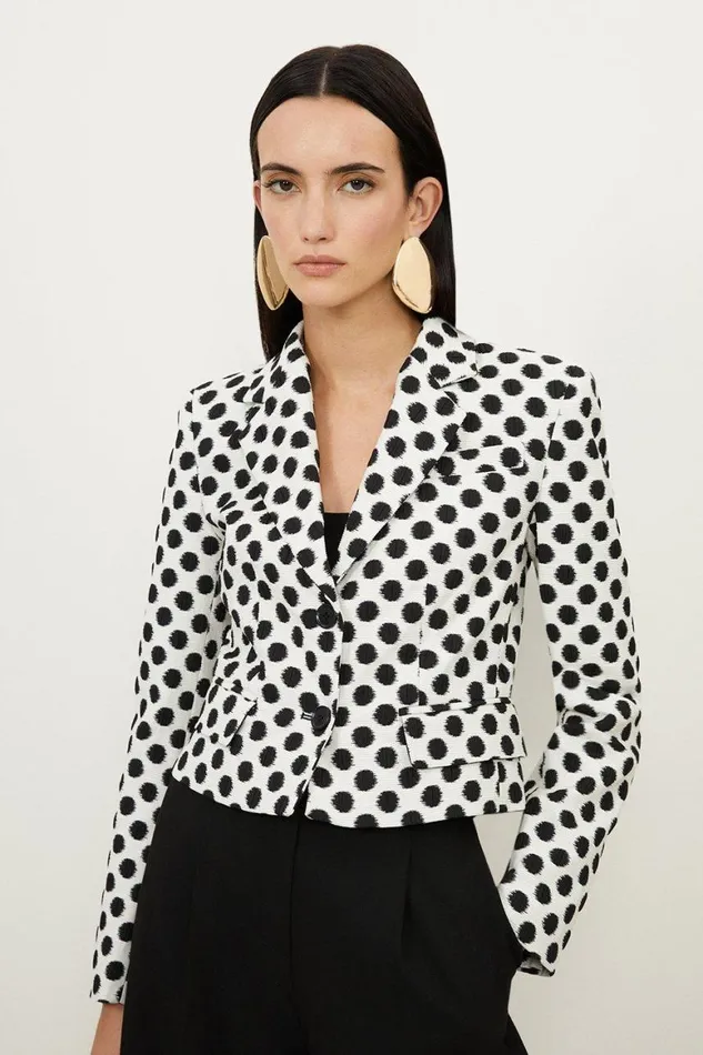 Coats and Jackets Women Karen Millen Petite Tailored Jacquard Spot Single Breasted Jacket Mono Coats and Jackets Women Karen Millen Petite Tailored Jacquard Spot Single Breasted Jacket Mono