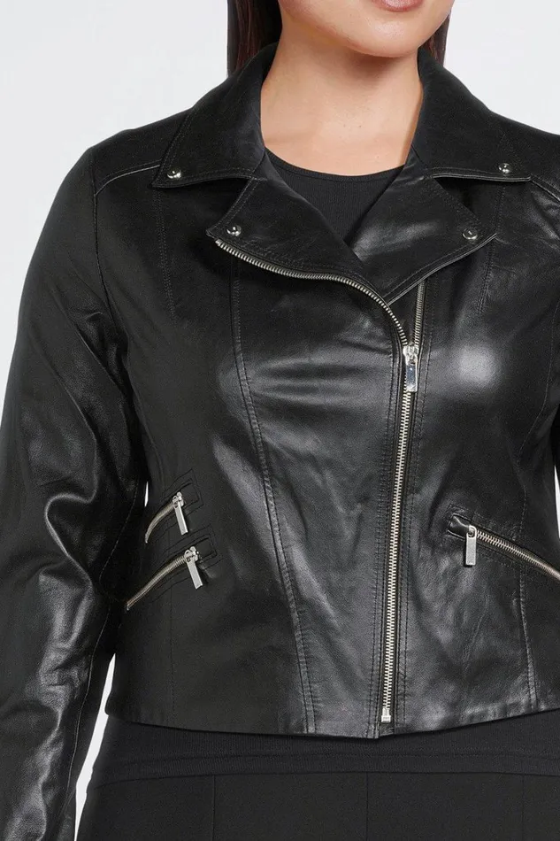 Coats and Jackets Women Karen Millen Plus Size Leather Signature Biker Jacket Black