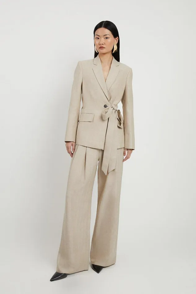Coats and Jackets Women Karen Millen Premium Herringbone Linen Single Breasted Tailored Blazer Natural