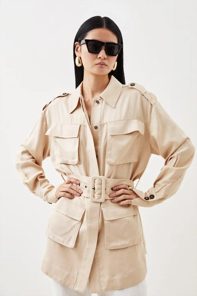 Coats and Jackets Women Karen Millen Premium Utility Linen Shacket Ivory