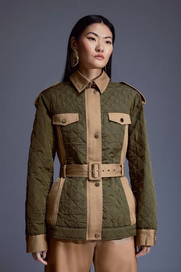 Coats and Jackets Women Karen Millen Quilted Trench Mix Belted Short Trench Coat Khaki Coats and Jackets Women Karen Millen Quilted Trench Mix Belted Short Trench Coat Khaki