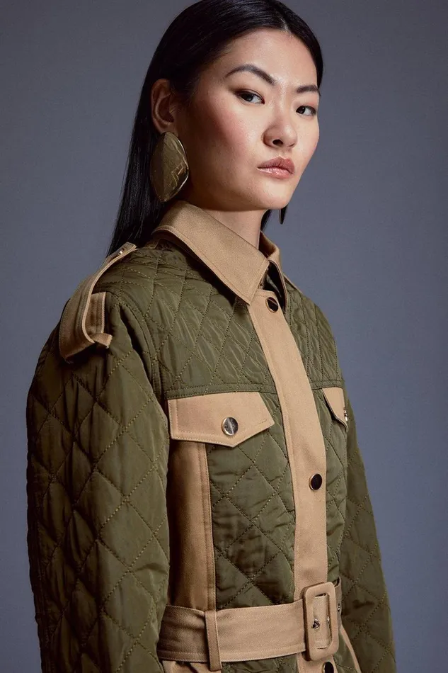 Coats and Jackets Women Karen Millen Quilted Trench Mix Belted Short Trench Coat Khaki