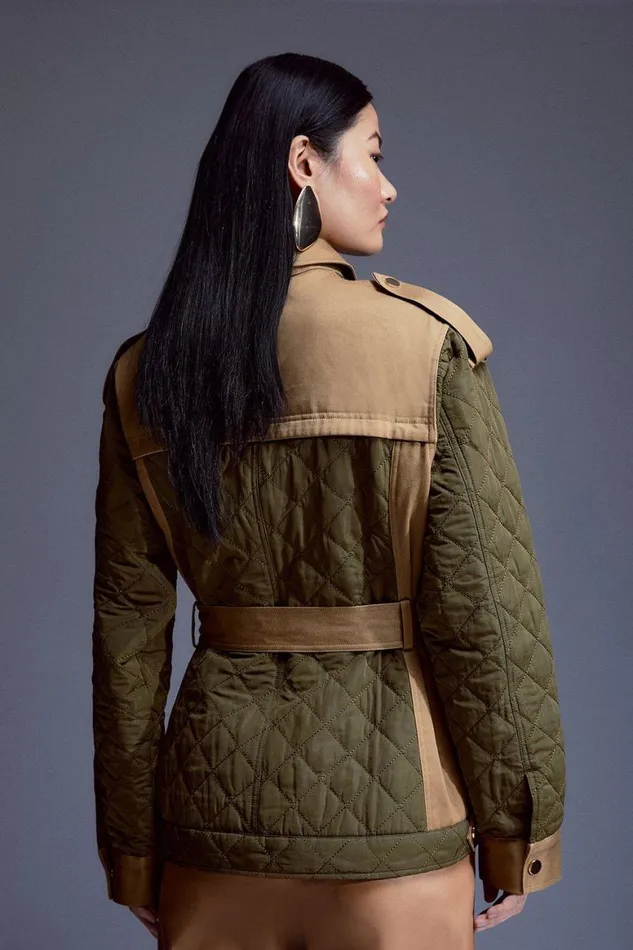 Coats and Jackets Women Karen Millen Quilted Trench Mix Belted Short Trench Coat Khaki