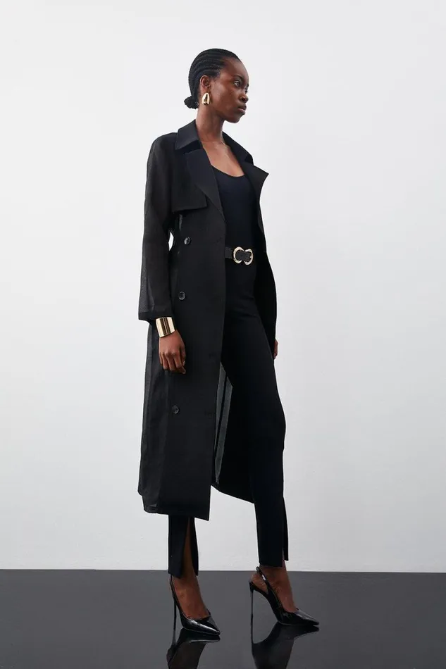 Coats and Jackets Women Karen Millen Sheer Panel Detailed Belted Trench Coat Black Coats and Jackets Women Karen Millen Sheer Panel Detailed Belted Trench Coat Black
