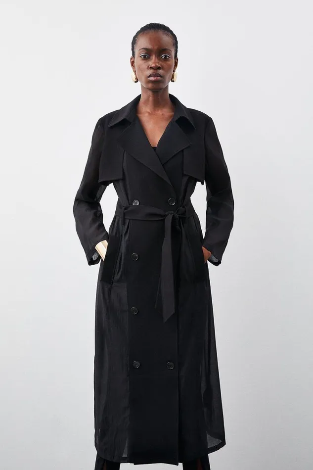 Coats and Jackets Women Karen Millen Sheer Panel Detailed Belted Trench Coat Black