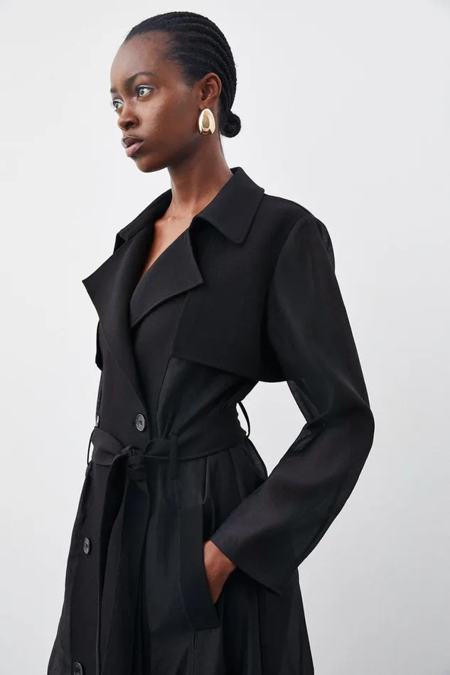 Coats and Jackets Women Karen Millen Sheer Panel Detailed Belted Trench Coat Black