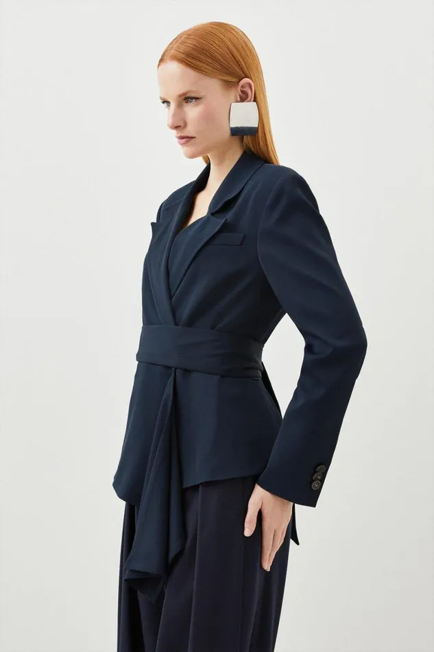 Coats and Jackets Women Karen Millen Tailored Crepe Drape Detail Tie Waist Blazer Navy