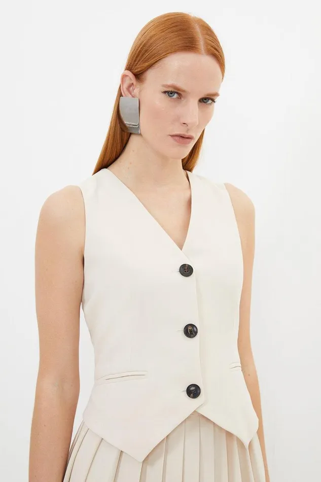 Coats and Jackets Women Karen Millen Tailored Crepe Pleated Skirt Waistcoat Midi Dress Ivory