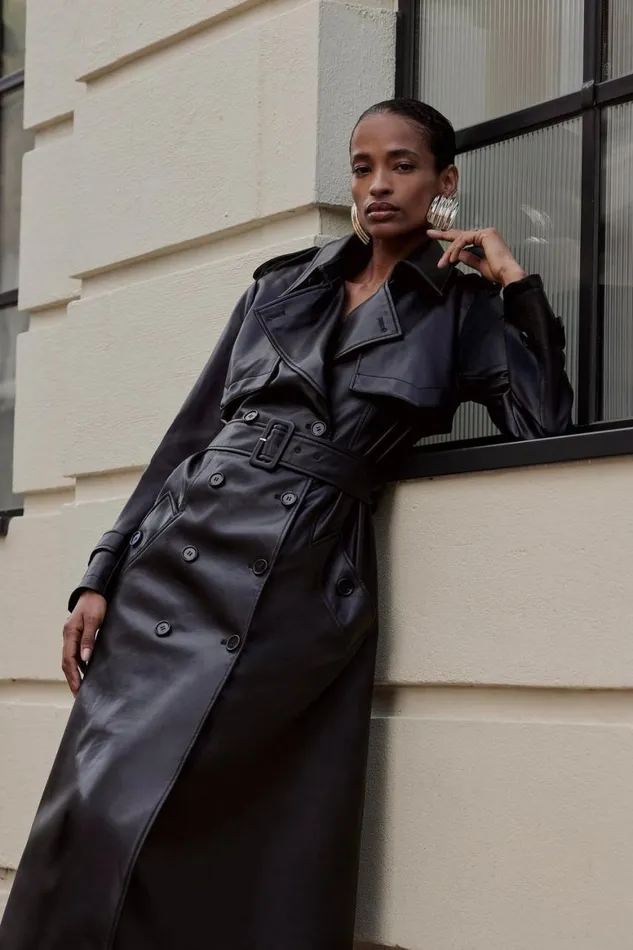 Coats and Jackets Women Karen Millen Tailored Faux Leather Belted Trench Coat Black Coats and Jackets Women Karen Millen Tailored Faux Leather Belted Trench Coat Black