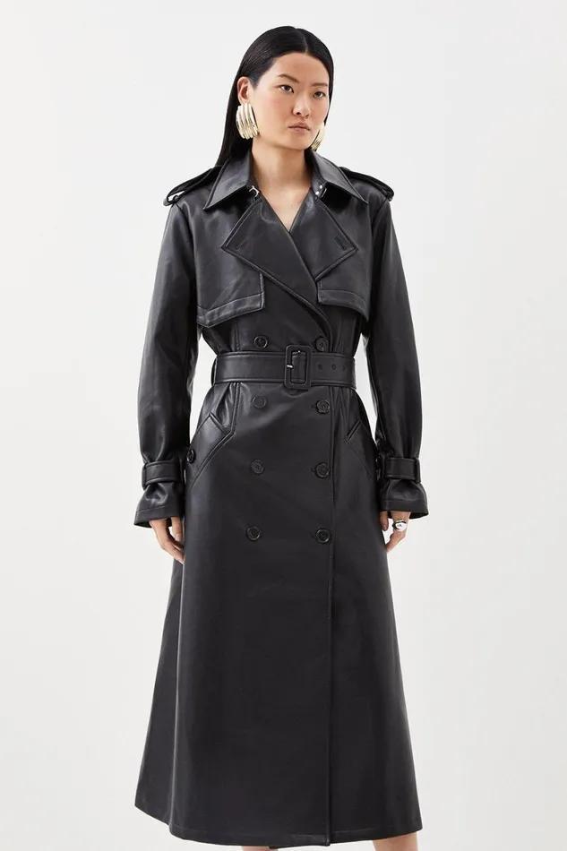 Coats and Jackets Women Karen Millen Tailored Faux Leather Belted Trench Coat Black