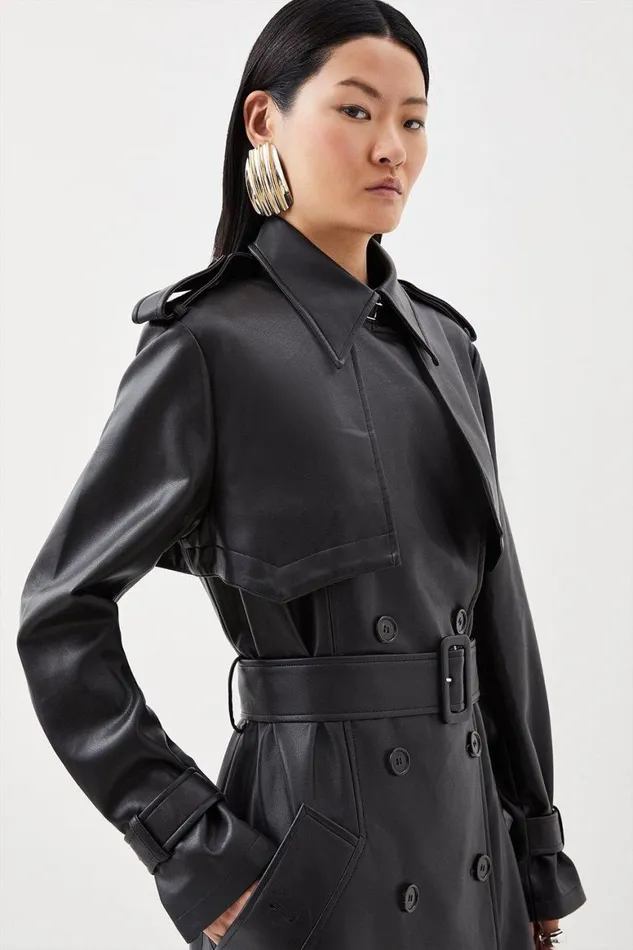 Coats and Jackets Women Karen Millen Tailored Faux Leather Belted Trench Coat Black