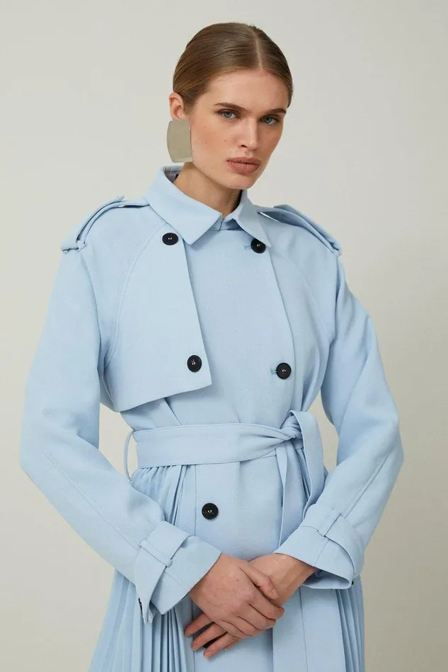 Coats and Jackets Women Karen Millen Tailored Pleat Detail Belted Trench Coat Pale Blue