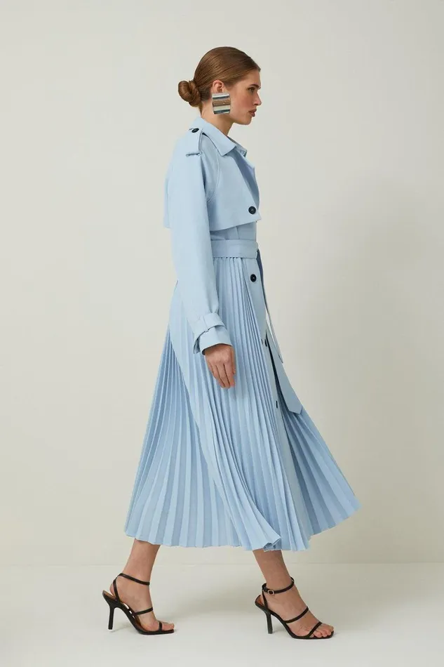 Coats and Jackets Women Karen Millen Tailored Pleat Detail Belted Trench Coat Pale Blue