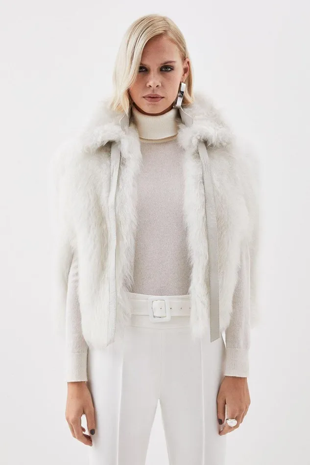 Coats and Jackets Women Karen Millen The Founder Tie Neck Shearling Collared Cape Ivory Coats and Jackets Women Karen Millen The Founder Tie Neck Shearling Collared Cape Ivory