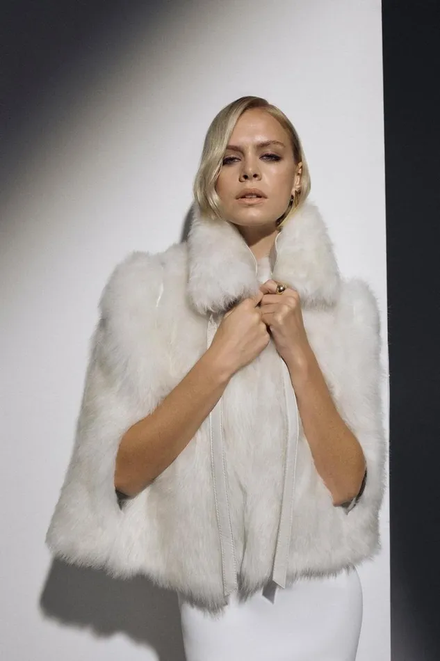 Coats and Jackets Women Karen Millen The Founder Tie Neck Shearling Collared Cape Ivory