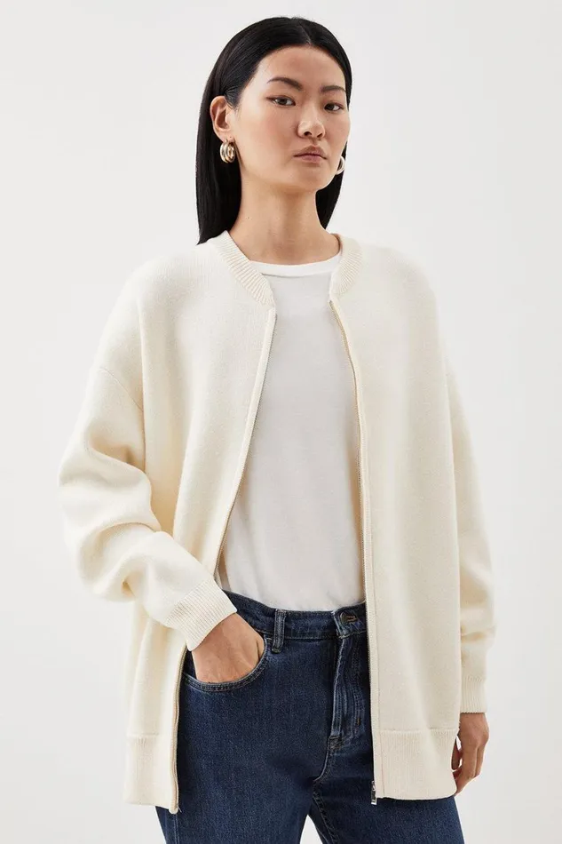 Coats and Jackets Women Karen Millen Viscose Blend Knit Zip Through Bomber Jacket Ivory Coats and Jackets Women Karen Millen Viscose Blend Knit Zip Through Bomber Jacket Ivory