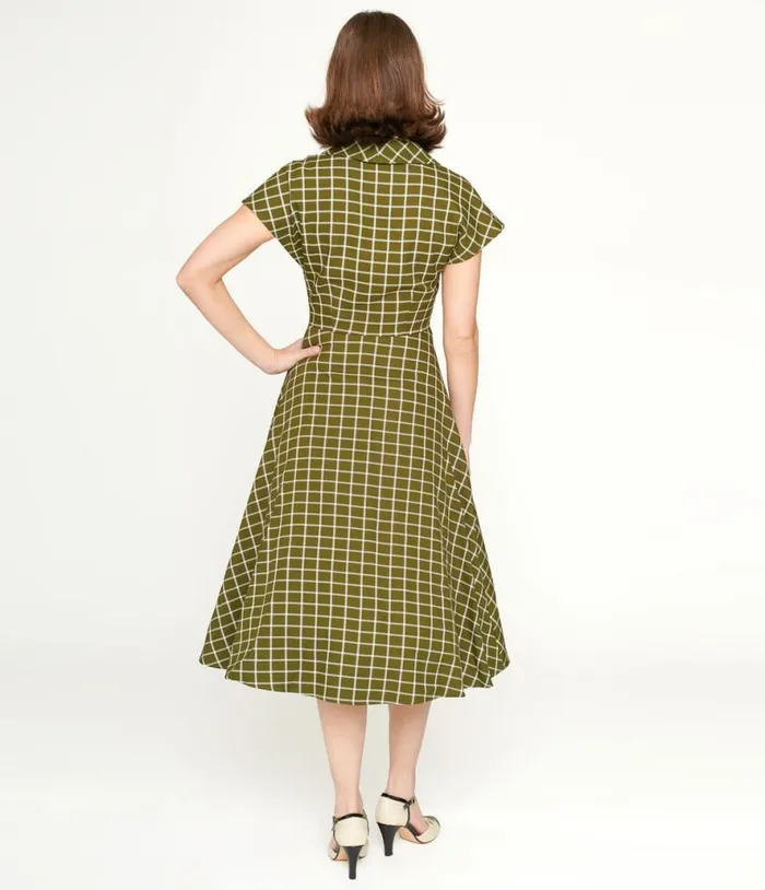 Collectif Green and White Checked Liza Acres Swing Dress Dresses Unique Vintage Pocket Dresses