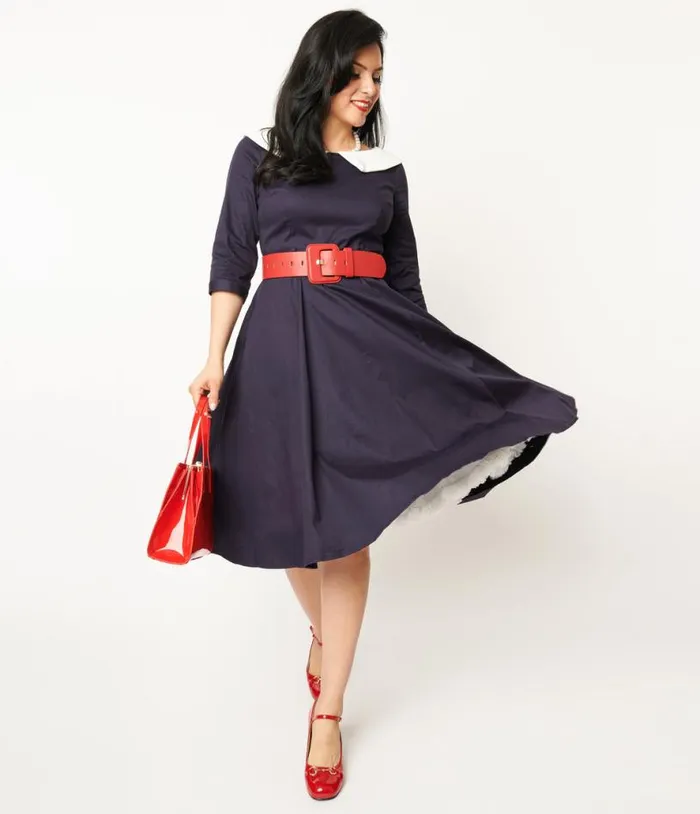 Collectif Navy and White Elle Swing Dress Dresses Unique Vintage Swing