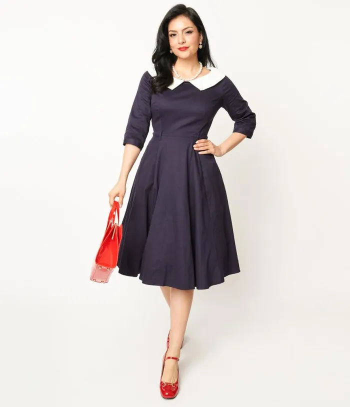 Collectif Navy and White Elle Swing Dress Dresses Unique Vintage Swing