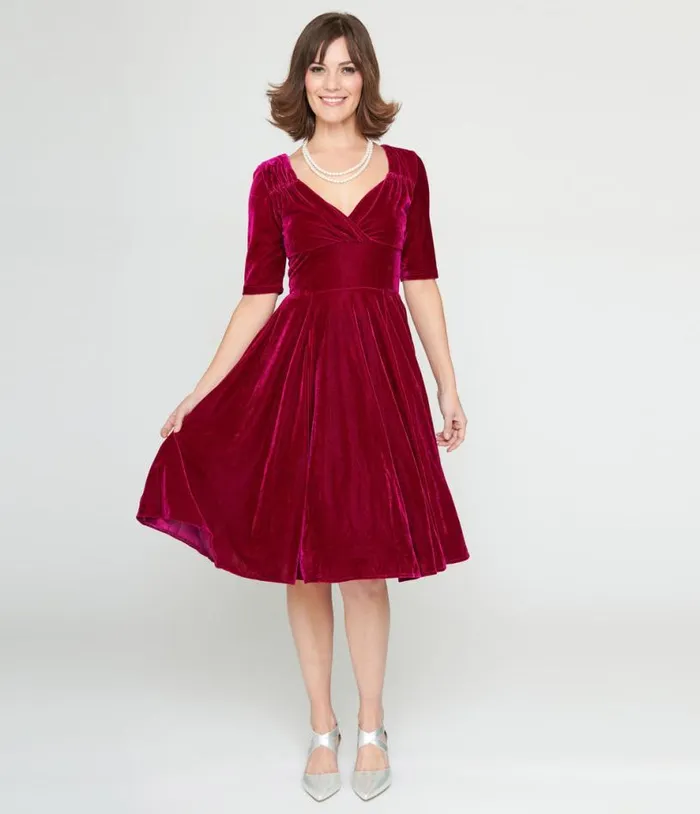 Collectif Plum Velvet Trixie Flare Dress Dresses Unique Vintage Fit and Flare