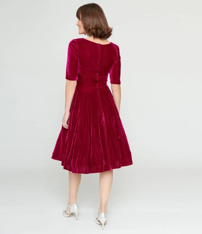 Collectif Plum Velvet Trixie Flare Dress Dresses Unique Vintage Fit and Flare