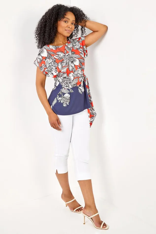 Coral Petite Floral Print Waist Tie Top Women Roman Tops