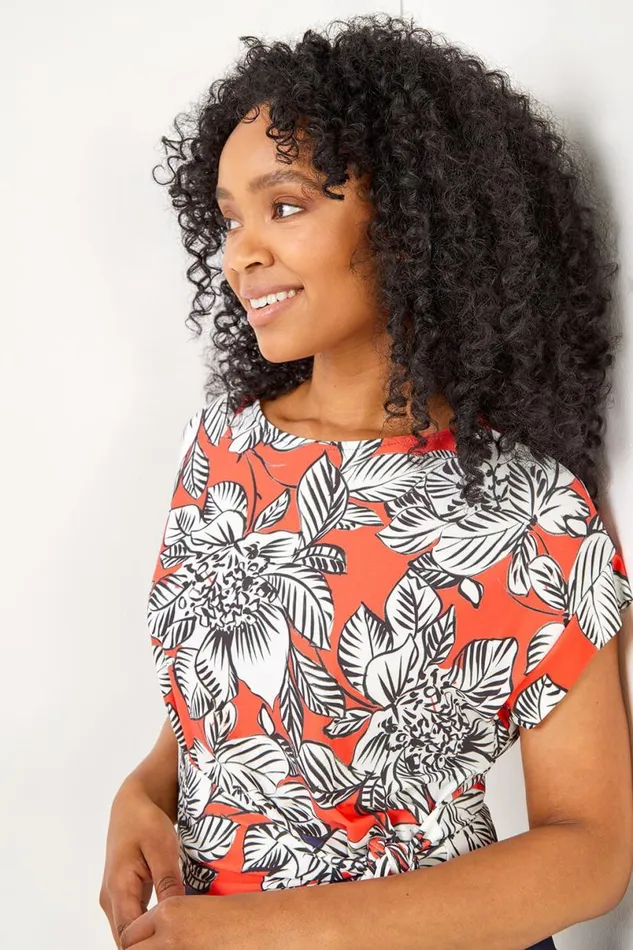 Coral Petite Floral Print Waist Tie Top Women Roman Tops