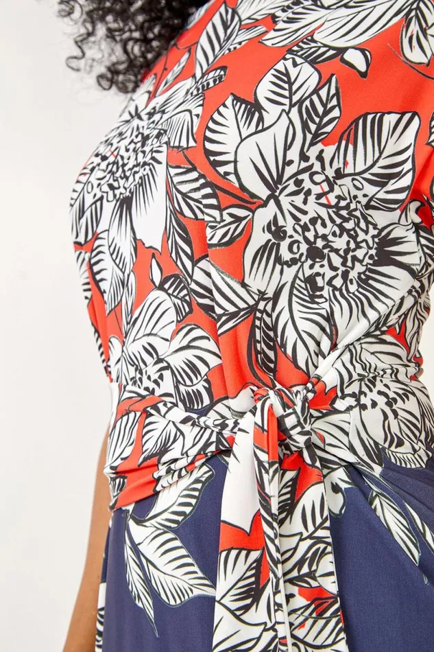 Coral Petite Floral Print Waist Tie Top Women Roman Tops