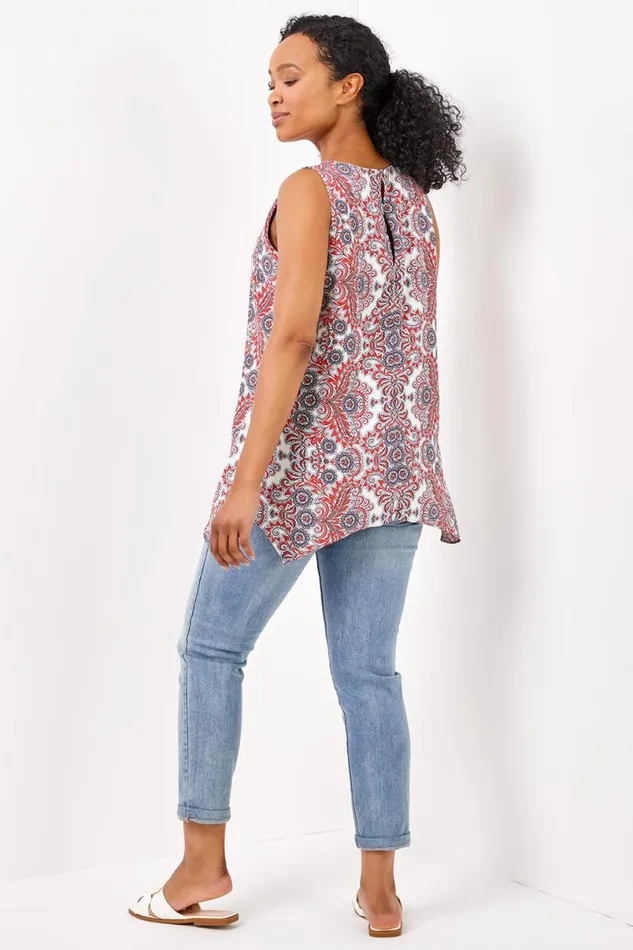 Coral Petite Paisley Border Print Vest Top Women Roman Tops