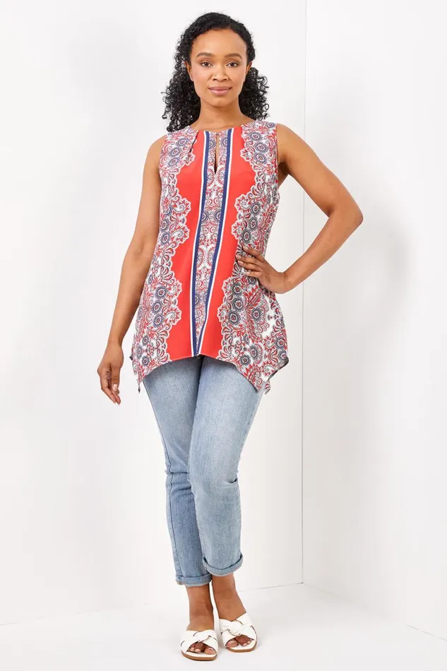 Coral Petite Paisley Border Print Vest Top Women Roman Tops