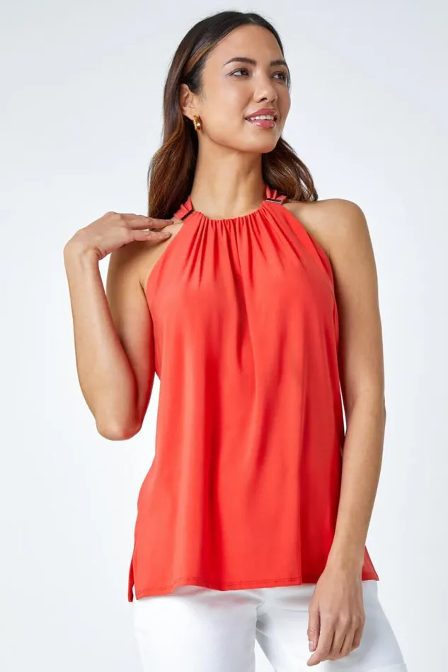 Coral Tie Back Halter Neck Trim Detail Stretch Top Women Roman Tops