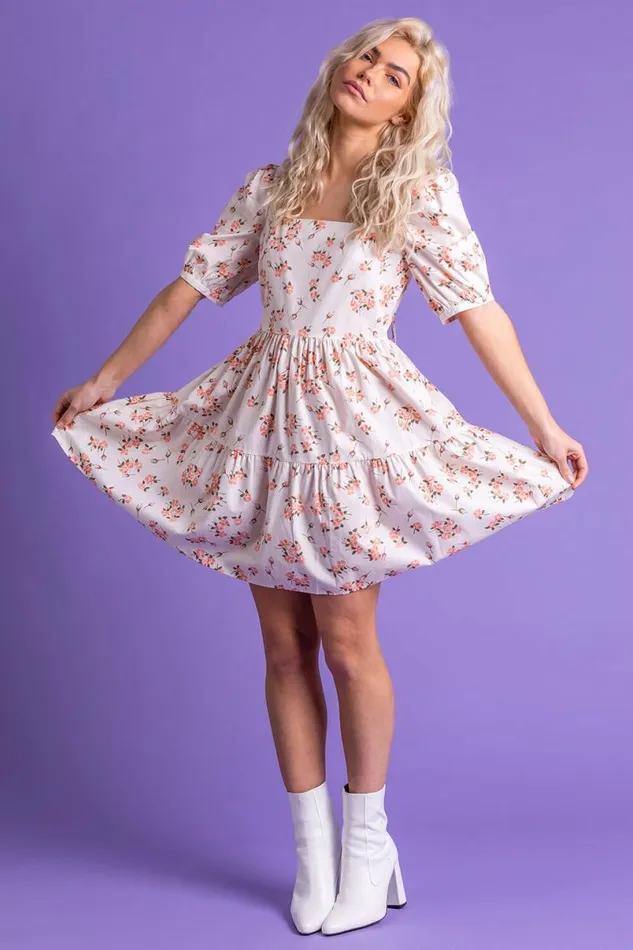 Coral Tiered Rose Print Dress Women Roman Dresses
