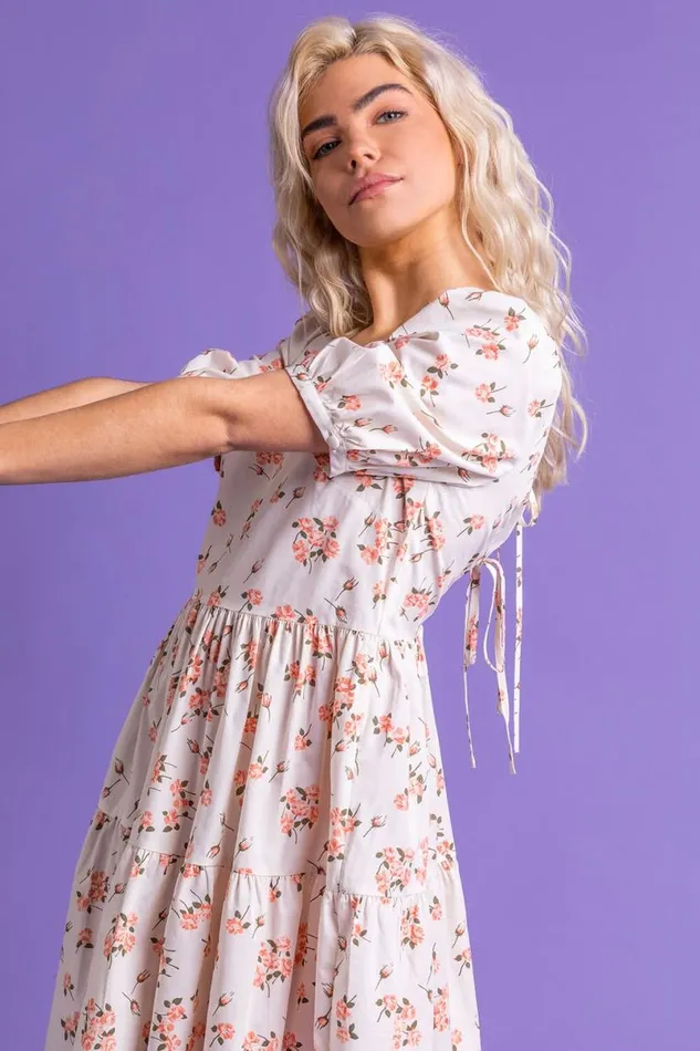 Coral Tiered Rose Print Dress Women Roman Dresses