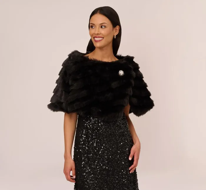 Cover Ups Womens Adrianna Papell Faux Fur Wrap With Stone Broach In Black